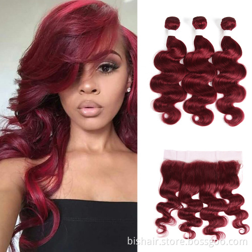 BIS Hot Red Body Wave Bundles With Closure Brazilian Colored 99J 3 Bundles With 4*4 Lace Closure Remy Human Hair Weaves